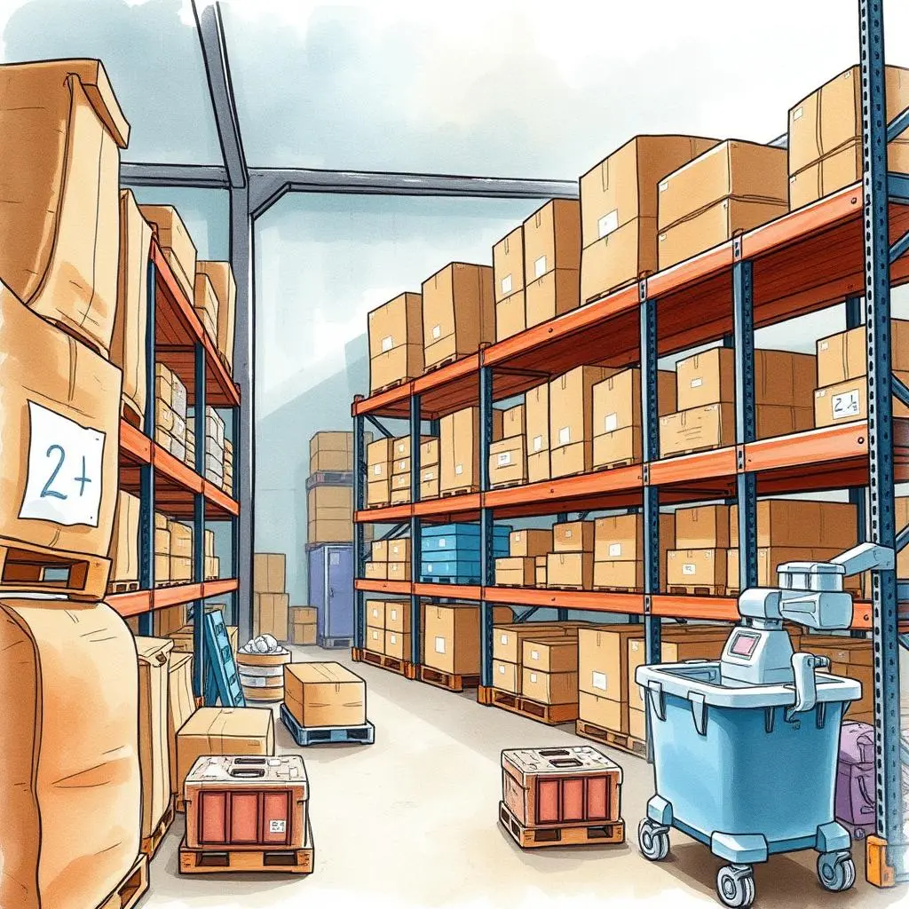 Turnover ratio trend generator: Identify patterns in inventory turnover over time 1 Warehouse interior filled with organized inventory and packing materials.