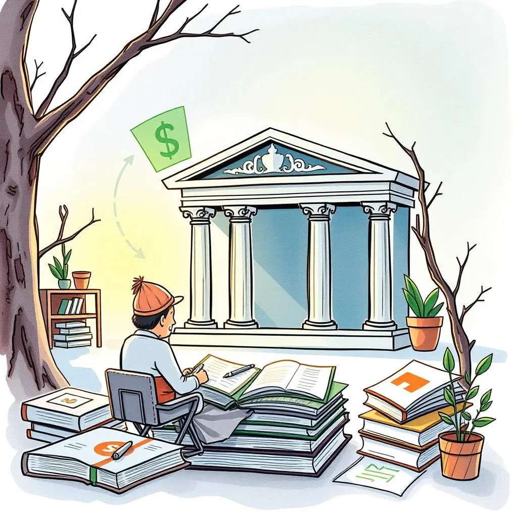 Investment regulation insights tool: Generate insights from regulatory texts for investment planning 1 A person studying at a desk surrounded by regulatory books, with a bank in the background and a dollar sign visible