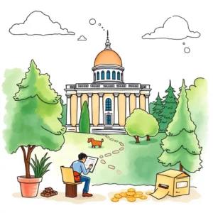 A person sitting outside reading a document with a government building in the background.