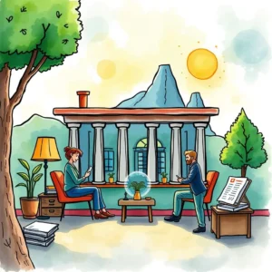 A discussion between two professionals in a garden-like setting, emphasizing financial communication.