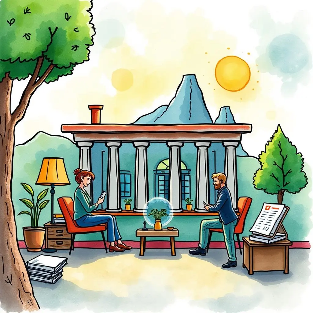 Financial terminology explainer: Simplify financial terms for stakeholder clarity 1 A discussion between two professionals in a garden-like setting, emphasizing financial communication.