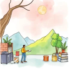 Person reviewing documents outdoors with mountains and plants nearby.