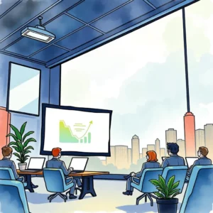 A group of professionals in a modern conference room presenting financial data on a screen.