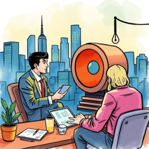 Investor Engagement Tracker meeting in a modern office setting with city skyline backdrop.