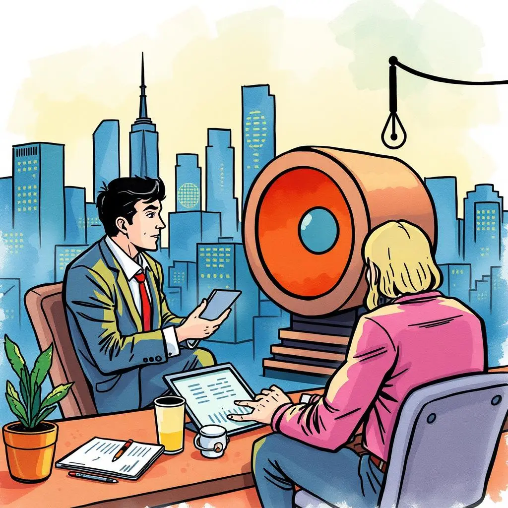 Investor engagement tracker: Monitor and analyze investor interactions 1 Investor Engagement Tracker meeting in a modern office setting with city skyline backdrop.