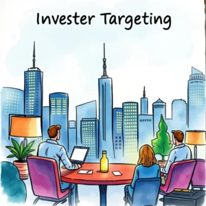 Group of professionals collaborating on investor targeting strategies in a city setting.