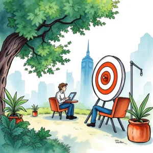 A person targets investor insights while working outdoors in a city.