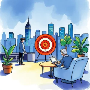 Two professionals analyze investor engagement in a cityscape setting.