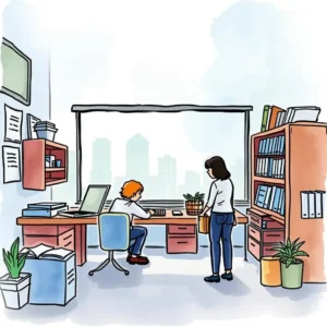 A person working at a desk is assisted by a colleague in a bright office space.