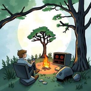 A person seated by a campfire using a smartphone while facing an old computer in a serene outdoor setting.