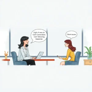 Two women discussing client issues using laptops in an office setting.