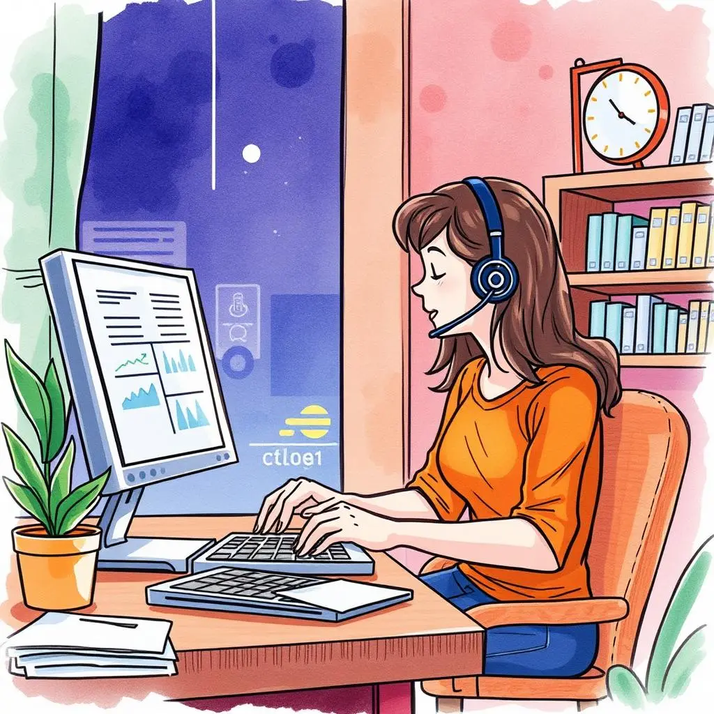 Feedback trends tracker: Identify trends in customer feedback over time 1 A customer support specialist analyzing feedback trends on a computer with a headset in an office setting.