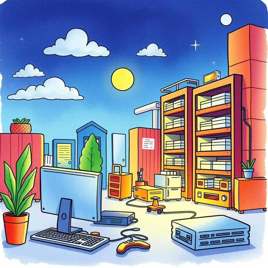 Asset allocation optimizer: Analyze and optimize asset allocation strategies 1 A vibrant it asset management workspace with various devices and equipment.