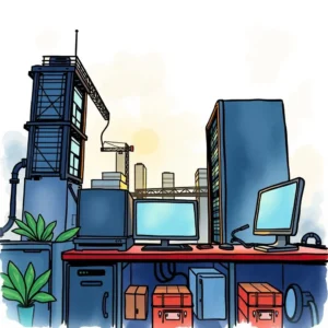 A vibrant illustration of an IT workspace featuring multiple computer monitors and office equipment in a cityscape.