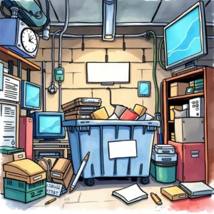 Cluttered IT storage room with a dumpster overflowing with old electronics and paperwork.
