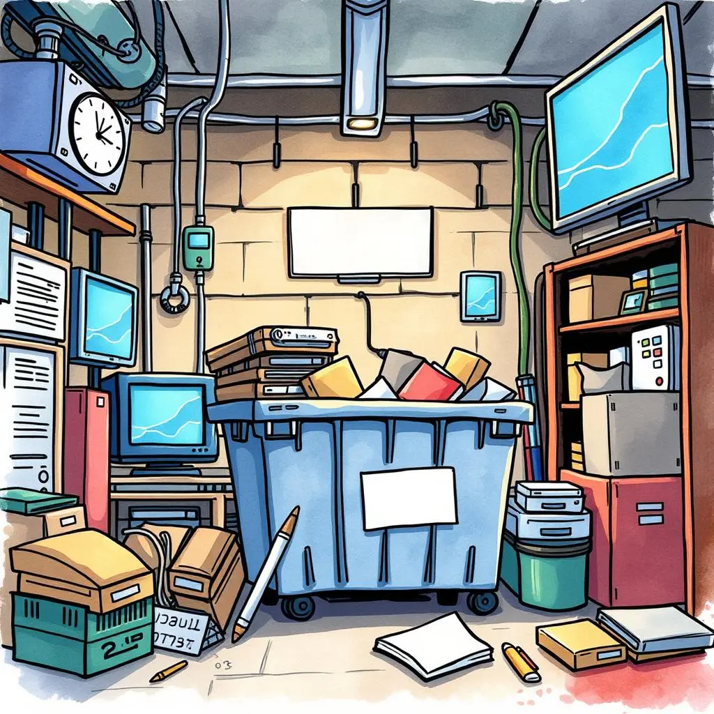 Asset retirement advisor: Recommend best practices for asset disposal 1 Cluttered IT storage room with a dumpster overflowing with old electronics and paperwork.