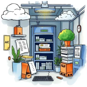 A cluttered IT office with shelves of files and a keyboard, representing asset management tools