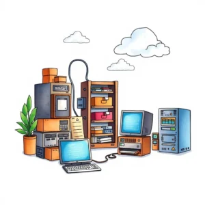 A colorful illustration of various IT infrastructure assets representing an asset tracking tool in action.