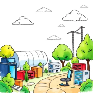 A colorful outdoor scene depicting various IT assets and equipment in a whimsical setting.