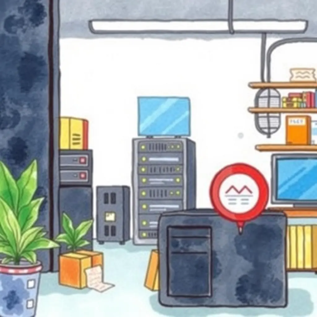 A server room with IT equipment highlighting a warranty validator tool for asset management