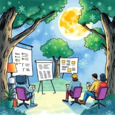 A team discusses feedback in a serene outdoor setting under a full moon with presentation boards.