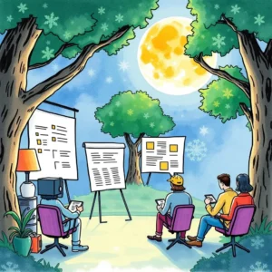 A team discusses feedback in a serene outdoor setting under a full moon with presentation boards.