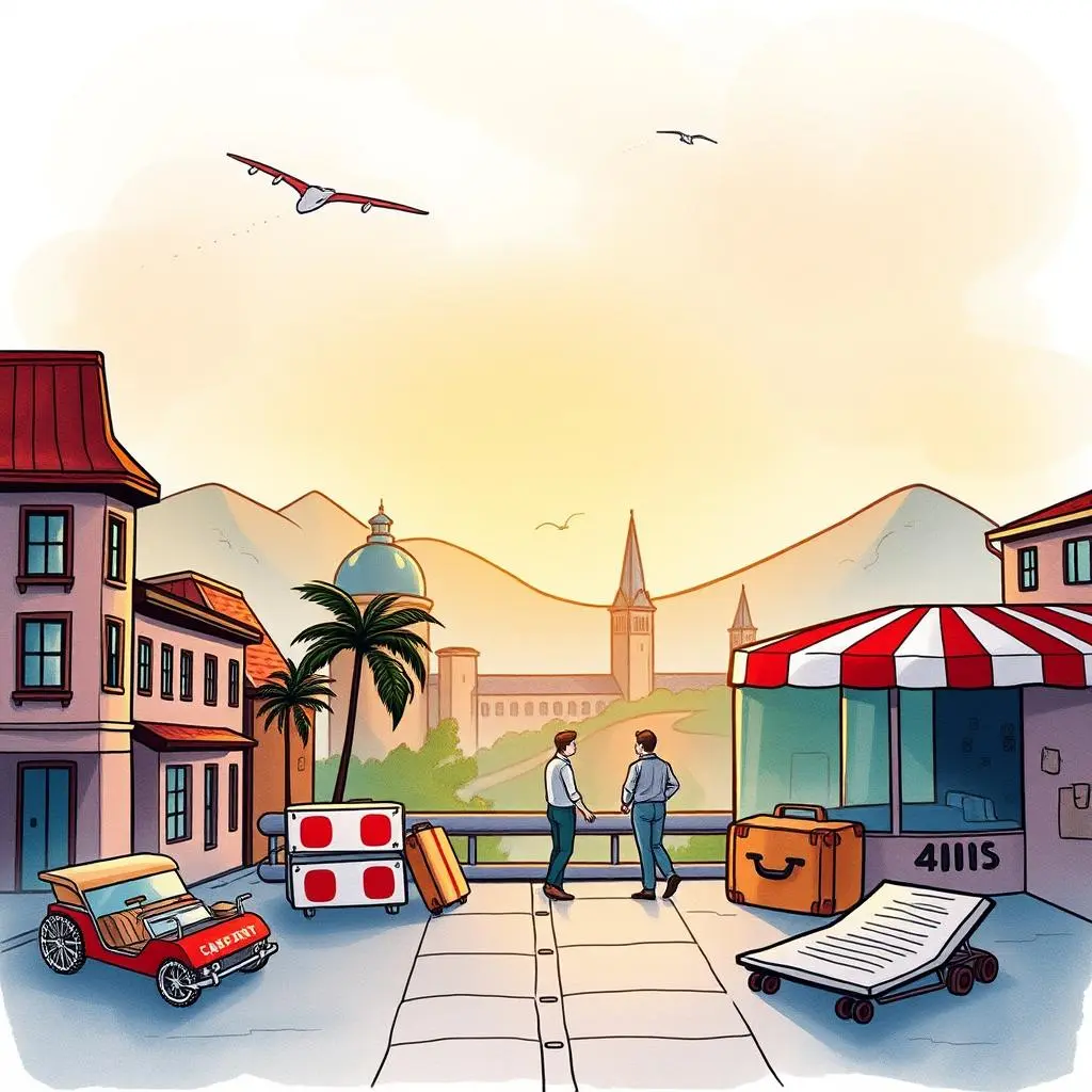 Itinerary emergency contact mapper: Map out emergency contacts for trips 1 Two travelers discuss plans amid picturesque scenery and luggage.