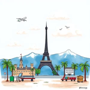 Colorful illustration of paris landmarks with travel elements and an airplane.