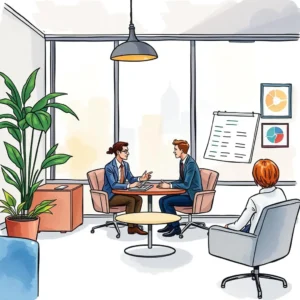 Appointment reminder text generator in a modern office setting with professionals discussing.