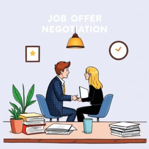 Job offer negotiation scene between a man and a woman discussing terms