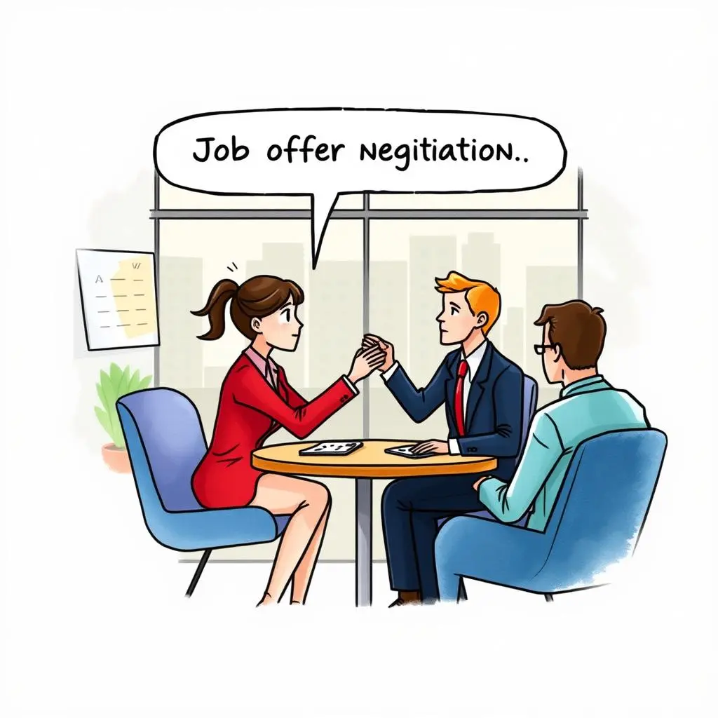 Job offer negotiation scene with a professional discussion at a table among three individuals