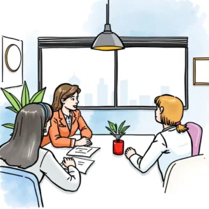 A meeting in a bright office setting where three women discuss feedback templates for job candidates