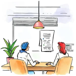 Job role outline builder: Formulate clear job role descriptions 5 Clear view of two professionals discussing a job role outline in a modern office setting.
