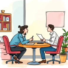 Two professionals discussing a new hire email template at a table.