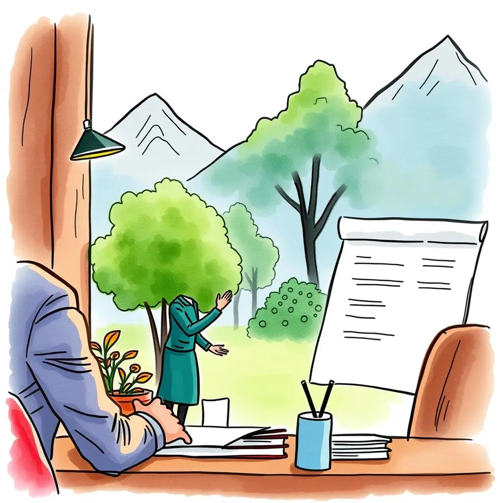 A professional negotiating salary offers while seated at a desk amidst a serene outdoor backdrop