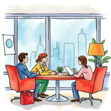 A team engaging in a salary negotiation discussion in a modern office setting.