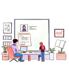 A professional setting featuring a person using a laptop and another reviewing job applications.
