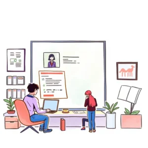 A professional setting featuring a person using a laptop and another reviewing job applications.