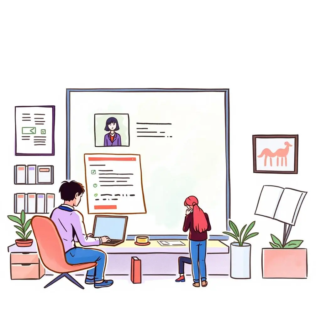 Application tracker: Manage and overview job applicants' status 1 A professional setting featuring a person using a laptop and another reviewing job applications.