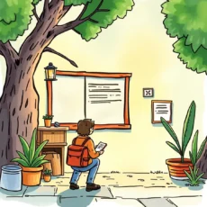 A person with a backpack reading a job posting near a tree and bulletin board in a peaceful setting