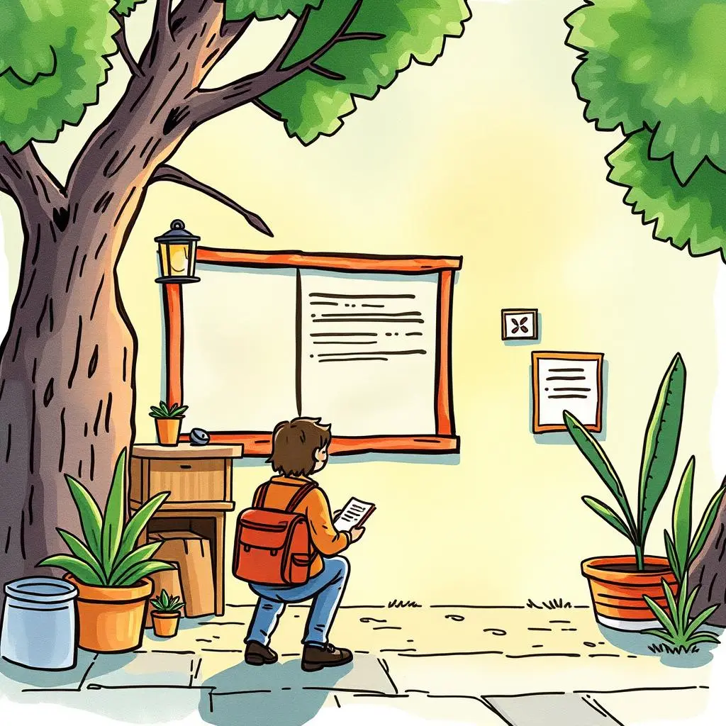 Candidate query assistant: Provide tailored information for job applicants 1 A person with a backpack reading a job posting near a tree and bulletin board in a peaceful setting