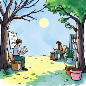 Two people engaged in job ad planning outdoors, with tools for refreshing postings.