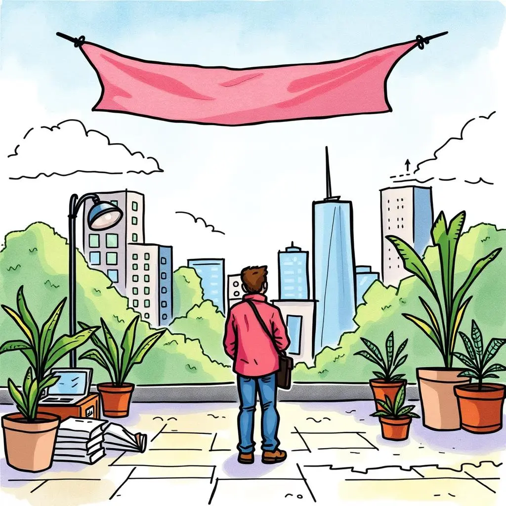 Job listing optimizer: Fine-tune your job ads for better appeal 1 A person in a red jacket standing outdoors, gazing at a city skyline with greenery and plants around.