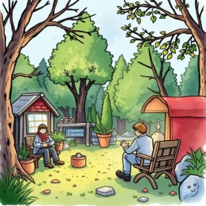Two people in a serene garden discussing job posting enhancements.