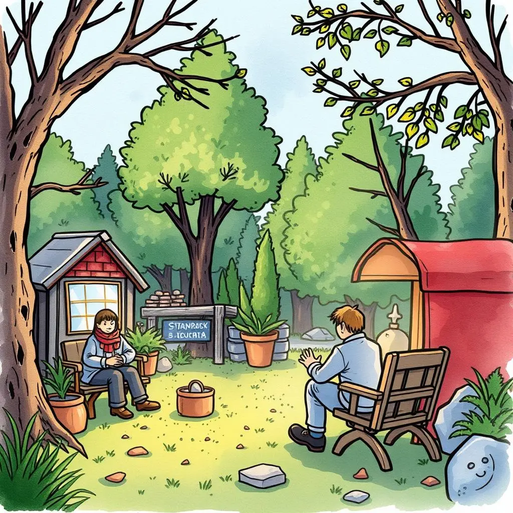 Job post text refiner: Improve job listing wording and clarity 1 Two people in a serene garden discussing job posting enhancements.