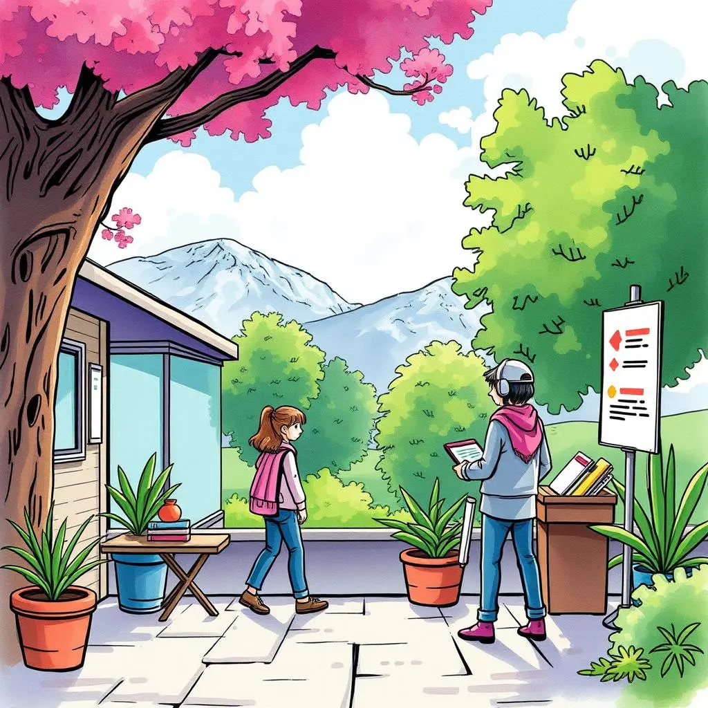 Job role reformatter: Update positions with tailored descriptions 1 A girl with a backpack walks towards a person holding a tablet in a vibrant garden setting.