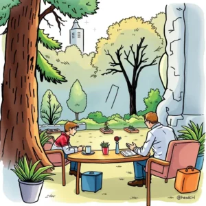 A young boy and a man discuss job postings at a garden table with plants around them.