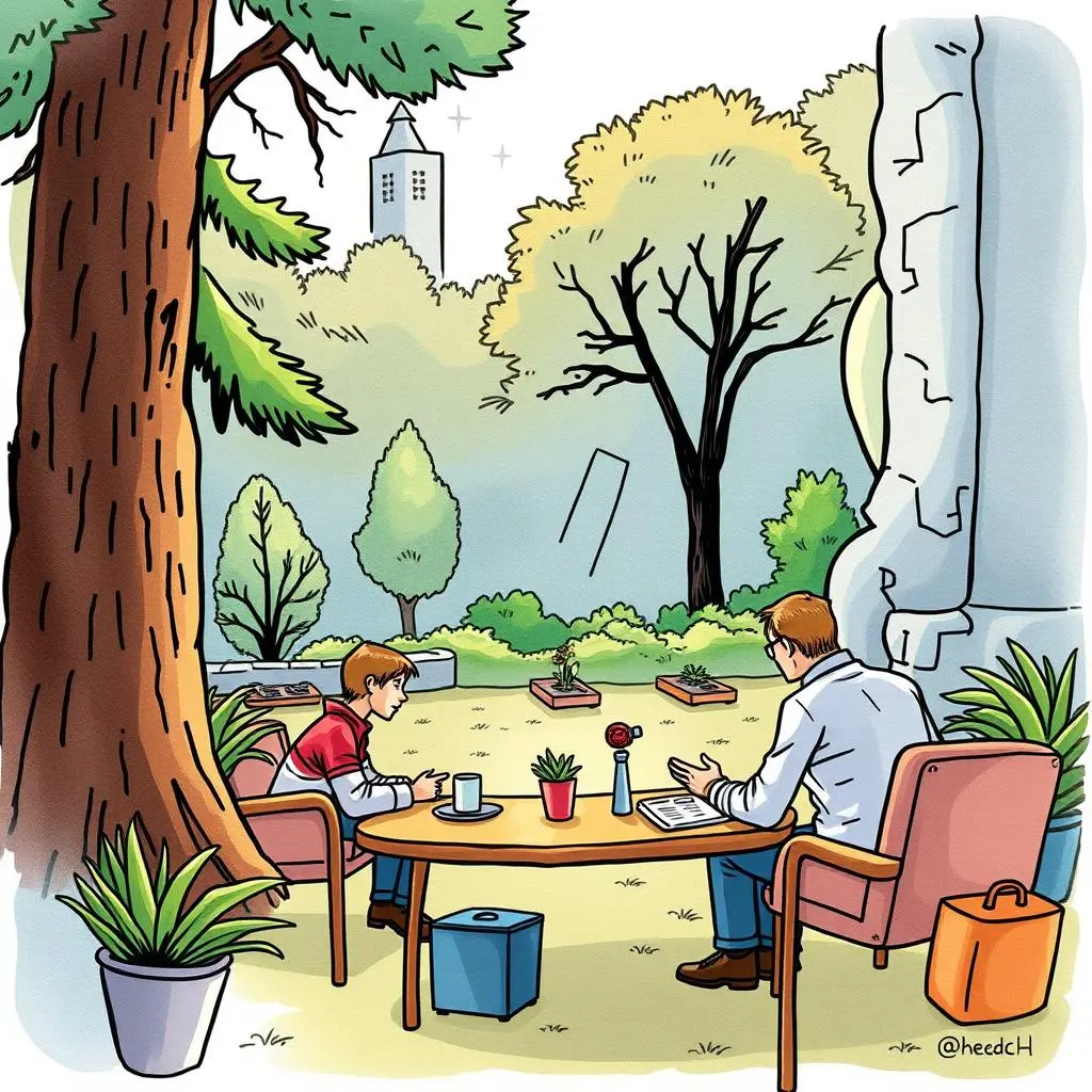 Position description enhancer: Improve clarity of job postings instantly 1 A young boy and a man discuss job postings at a garden table with plants around them.