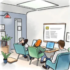Team reviewing potential hires in a modern office setting.