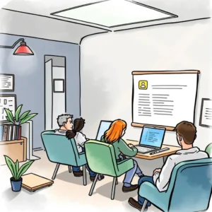 Team reviewing potential hires in a modern office setting.